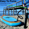 Little boy 6 to 9 years old on the beach pumping up his own paddle board with a hand pump by himself.  Image reads easy to pump and pressure gauge recommended 12 to 15 psi pounds per square inch which makes this kids sup as rigid as any adult paddle board.  Lake Tahoe background with the pier extending out into the lake with beautiful mountain views.  Waterkids 8ft stingray paddle board for kids very pretty with great style blue and wood color
