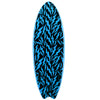 Bottom of surfboard with swallow tail retro fish shape and great graphics with blue color