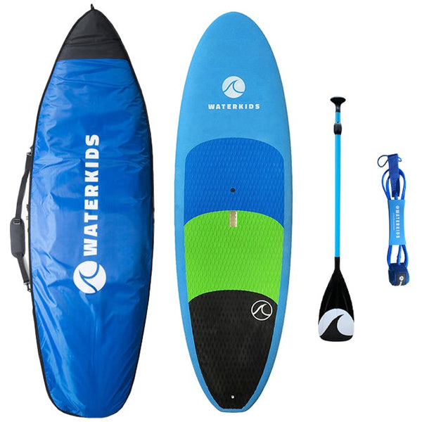 8ft softtop paddleboard for kids. package includes kids size paddle, ankle leash with velcro, and travel bad for supboard