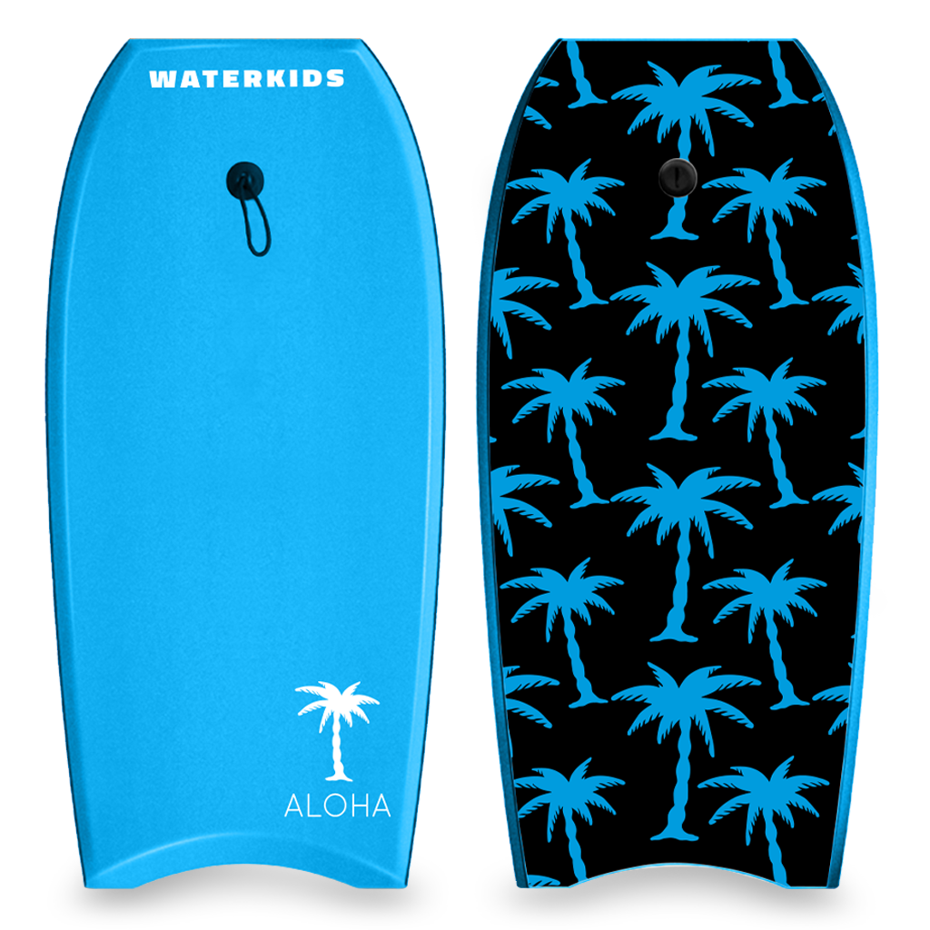kids bodyboard blue with palm trees on the bottom, waterkids aloha body board for kids