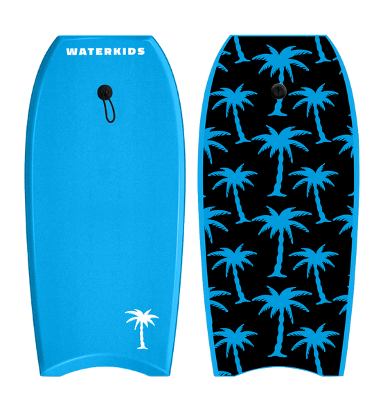 kids bodyboard blue with palm trees on the bottom, waterkids aloha body board for kids