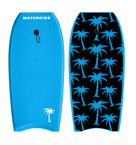 kids bodyboard blue with palm trees on the bottom, waterkids aloha body board for kids