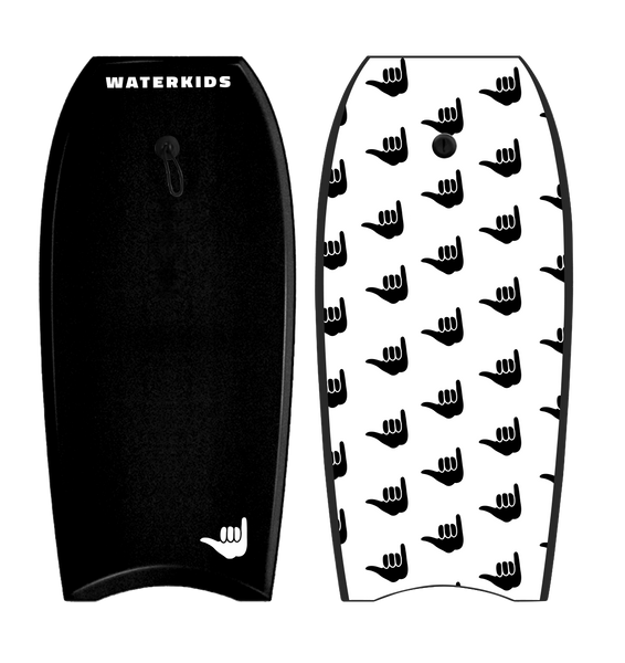 kids bodyboard with hawaii shaka on the top and bottom of the black body board
