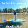 7 year old boy with a huge smile and having a great time on his paddle board. He is paddling over a beautiful crystal clear lake with a beach and pier in the background. The child is using a Waterkids stand up paddle board for kids and the caption says perfect for learning. The child is demonstrating everything that comes in the 8ft Stingray kids paddle board package.