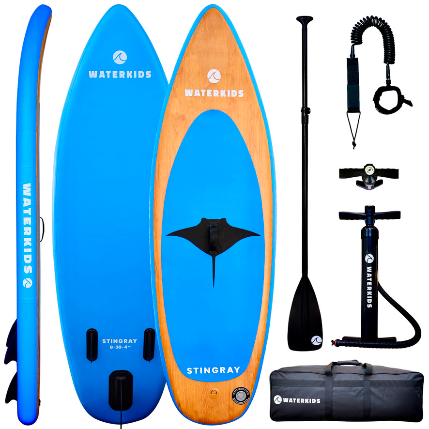 Waterkids 8ft stingray kids inflatable paddle board package that includes everything your child needs to go paddleboarding. Package contains youth sized board, adjustable kid size SUP paddle, hand pump, ankle leash & travel bag. Great design for boys and girls ages 4 - 14 years old or 40 - 120lb. Built wider and thicker for extra stability and will last your child for more years than the competition. High quality, affordable, American owned and comes with free shipping.