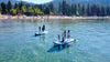 2 families paddleboarding at lake tahoe on their 4 person inflatable famility paddle board that is great to get anyone out on the water