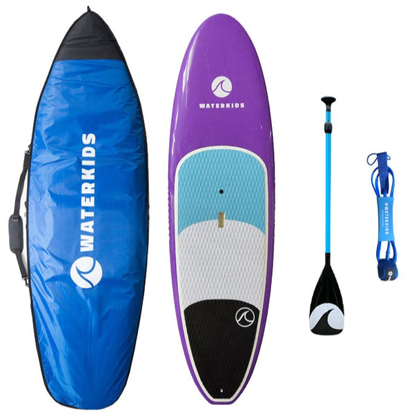 girls paddle board purple color with turquoise traction pad everything you need 8ft supboard, blue paddle, ankle leash for feet & 8ft board bag for travel