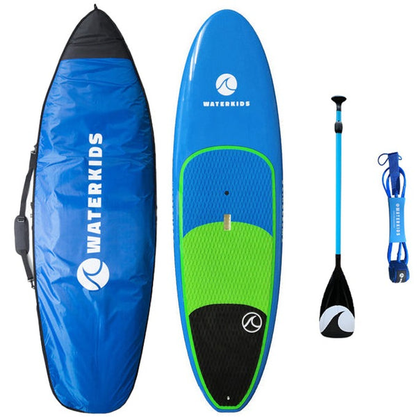 kids paddle board package for youth size paddlers. includes 8ft eps hardtop paddle board for children, adjustable small kid sized paddle, 10ft ankle leash & blue travel board bag with zipper