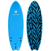 Kids surfboard with a swallow tail retro fish shape and ocean blue soft top material.