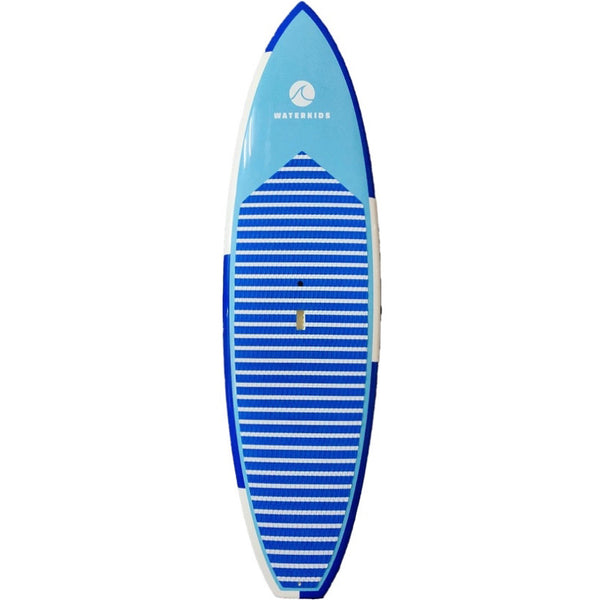 The maui 9'6 ft youth and adult surf sup paddle board made by waterkids. Package includes beautiful light and dark blue paddleboard, adjustable adult size black sup paddle with a white wave logo and with a 10ft straight ankle leash with padding.