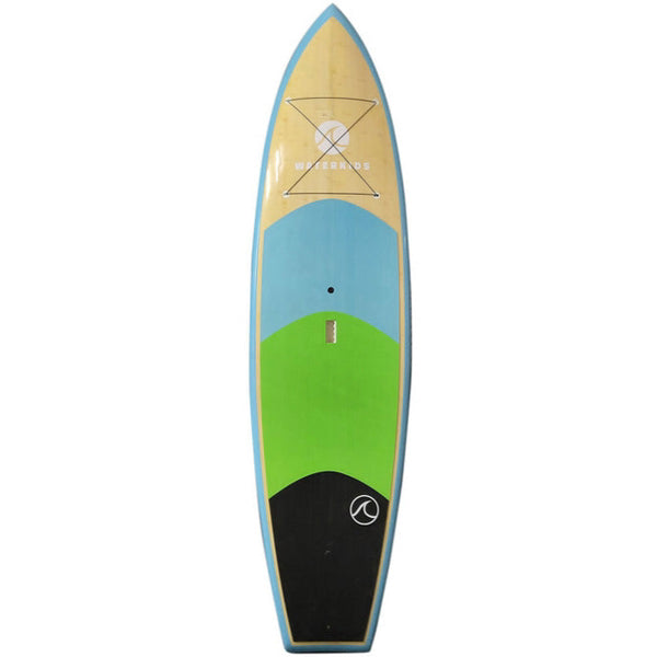 Youth waterkids touring stand up paddle board package. 9'6 tahoe sup bamboo with blue rails and blue, green and black traction pad and a bungee for carrying extra items. Package includes 9'6 ft touring paddle board for kids, adult size adjustable paddle that is black with a white wave logo and a 10ft straight padded ankle leash for safety